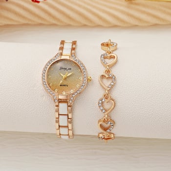 Дамски часовник в ретро стил с диамантено инкрустиране, кварцов механизъм, комплект часовник и гривна
