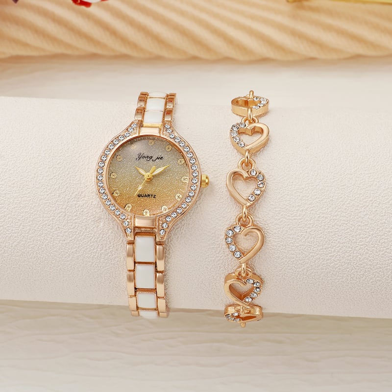 Дамски часовник в ретро стил с диамантено инкрустиране, кварцов механизъм, комплект часовник и гривна