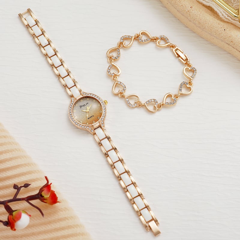 Дамски часовник в ретро стил с диамантено инкрустиране, кварцов механизъм, комплект часовник и гривна