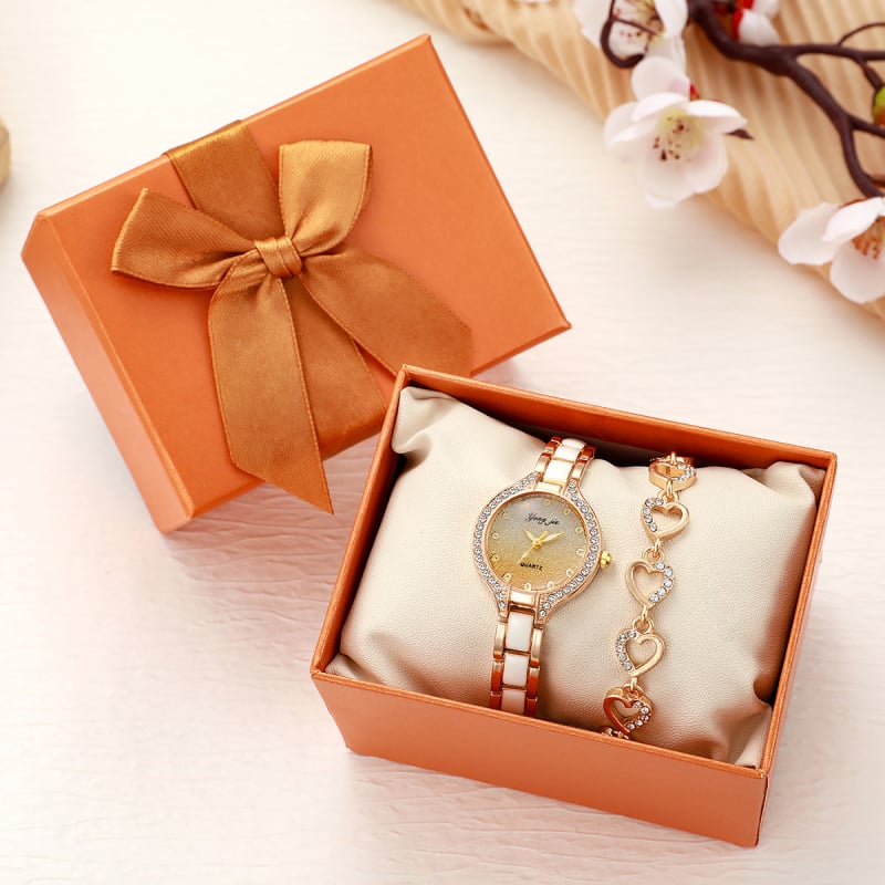 Дамски часовник в ретро стил с диамантено инкрустиране, кварцов механизъм, комплект часовник и гривна