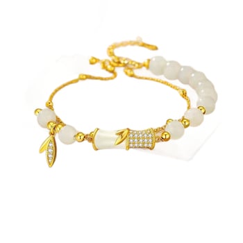 Γυναικείο βραχιόλι με επίχρυσο φινίρισμα και ασήμι S925, κόμβος από μπαμπού και Hetian Jade, σχέδιο φύλλου μπαμπού