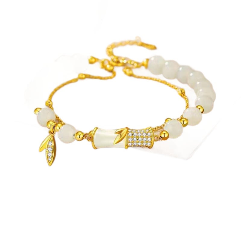 Γυναικείο βραχιόλι με επίχρυσο φινίρισμα και ασήμι S925, κόμβος από μπαμπού και Hetian Jade, σχέδιο φύλλου μπαμπού