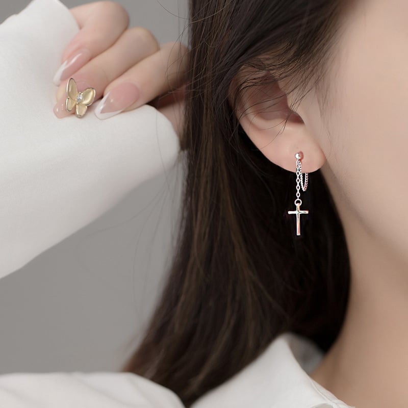 Σκουλαρίκια από ασήμι S925 με σταυρό και αλυσίδα-φούντες, για άνδρες και γυναίκες, πανκ στιλ, μοντέρνα και εξατομικευμένα