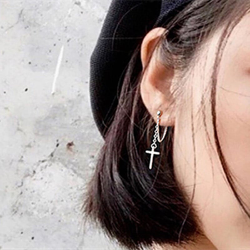 Σκουλαρίκια από ασήμι S925 με σταυρό και αλυσίδα-φούντες, για άνδρες και γυναίκες, πανκ στιλ, μοντέρνα και εξατομικευμένα