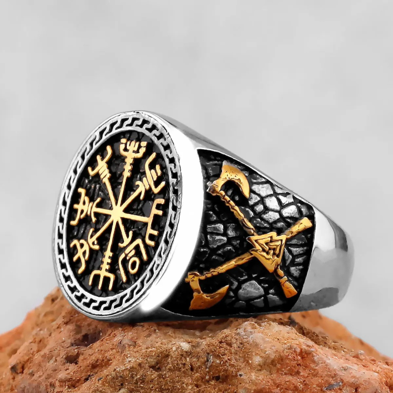 Unisex prsten od titan čelika, s totemom nordijske vikingske sjekire i retro kompasom, personalizirani dizajn.