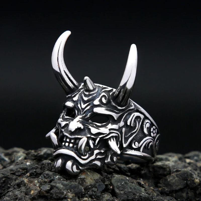 Muški prsten od nehrđajućeg čelika s Prajna maskom i glavom demona, retro stil