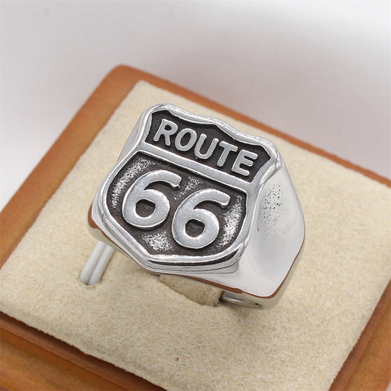 R1912 Titanijski čelični prsten s Route 66 tekstom – Vintage muški nakit