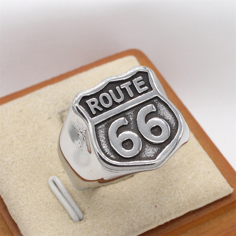 R1912 Titanijski čelični prsten s Route 66 tekstom – Vintage muški nakit