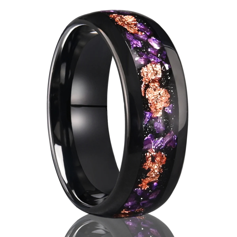 8 mm crni wolfram prsten s drobljenom zlatom folijom i ametistom – unisex