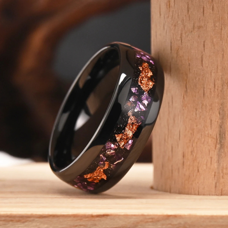 8 mm crni wolfram prsten s drobljenom zlatom folijom i ametistom – unisex
