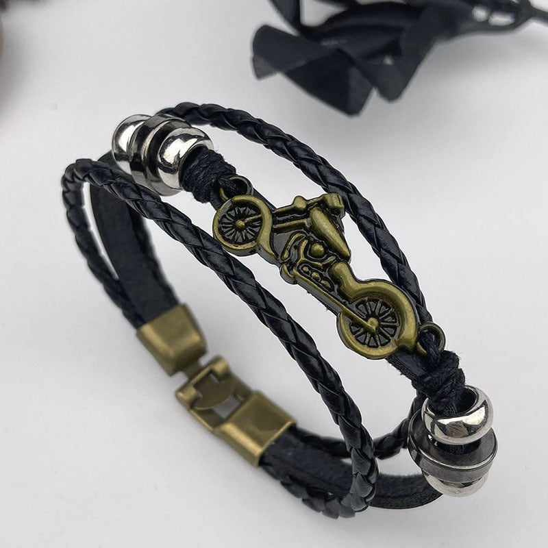 Vintage pleteni kožni narukvica, unisex, motociklistički motiv, metalni naglasak