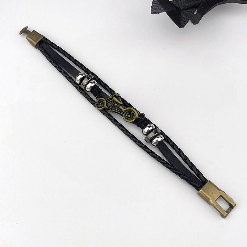 Vintage pleteni kožni narukvica, unisex, motociklistički motiv, metalni naglasak