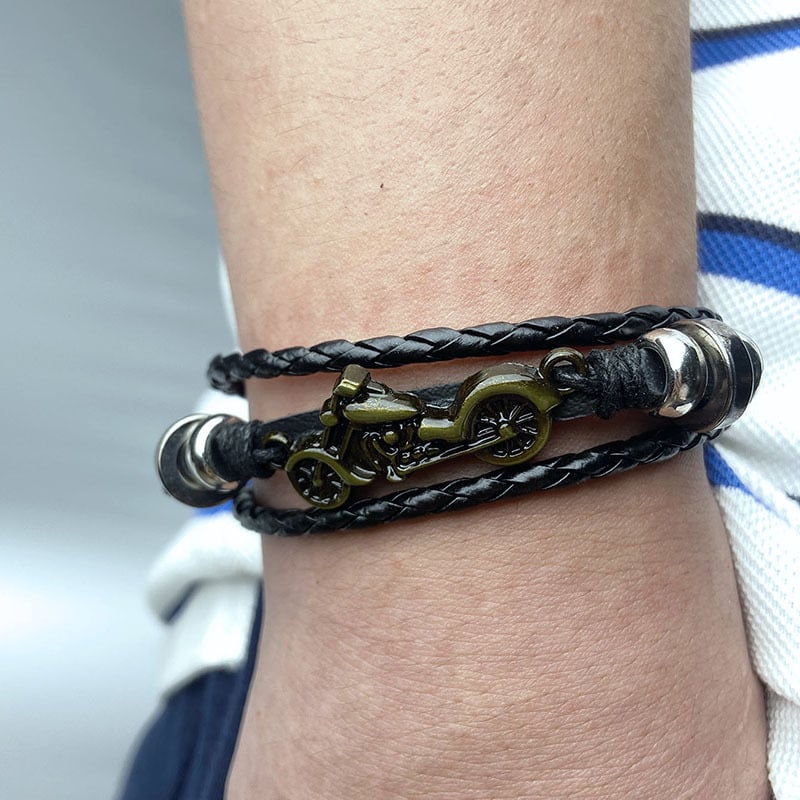 Vintage pleteni kožni narukvica, unisex, motociklistički motiv, metalni naglasak