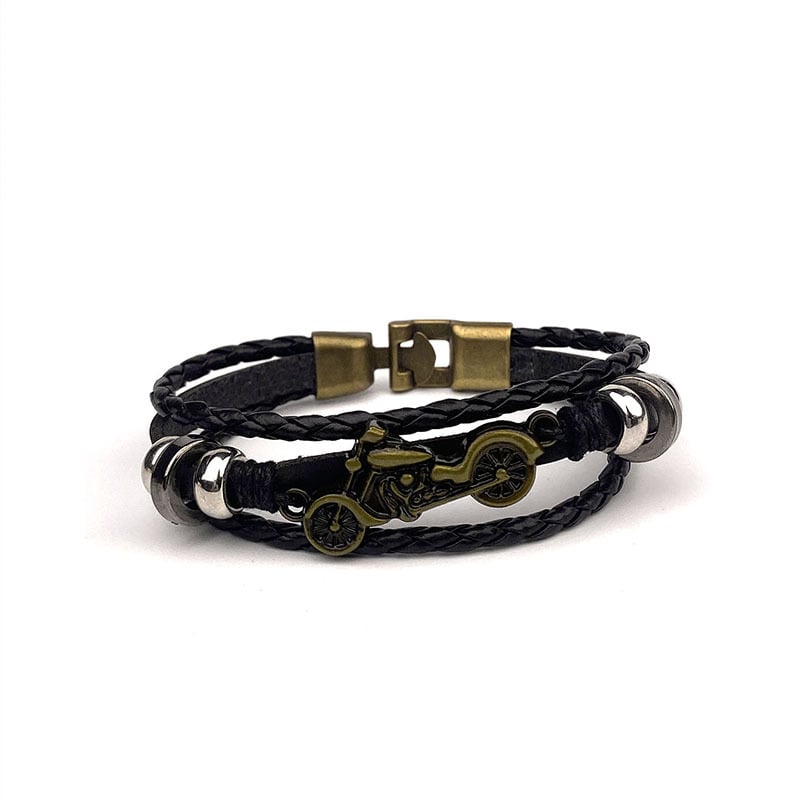 Vintage pleteni kožni narukvica, unisex, motociklistički motiv, metalni naglasak