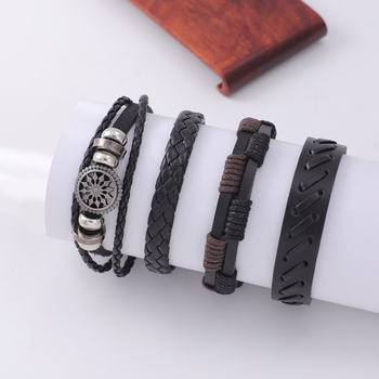 Muški set kožnih narukvica DIY – višeslojno pletene, četiri komada, retro geometrijski stil