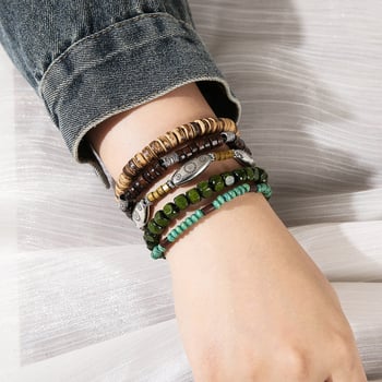 Unisex set višeslojnih elastičnih narukvica s drvenim perlama, retro stil