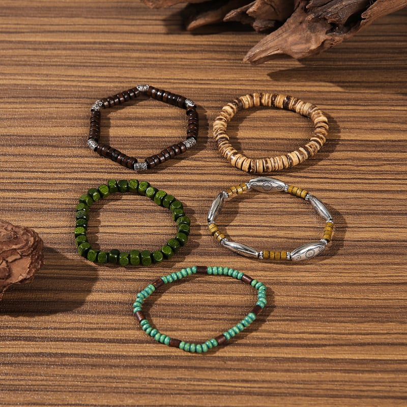 Unisex set višeslojnih elastičnih narukvica s drvenim perlama, retro stil