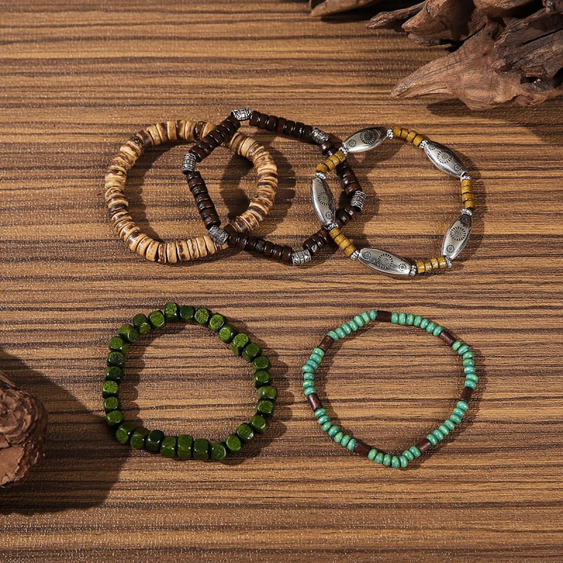 Unisex set višeslojnih elastičnih narukvica s drvenim perlama, retro stil