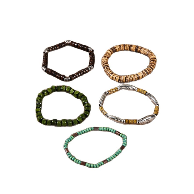 Unisex set višeslojnih elastičnih narukvica s drvenim perlama, retro stil