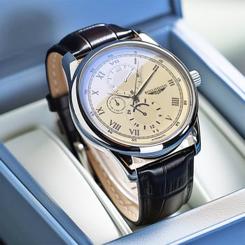 Binlihuan Мъжки кварцов часовник с кожена каишка, 41 мм кръгъл циферблат, водоустойчив за ежедневна употреба, корпус от сплав, SL68 механизъм