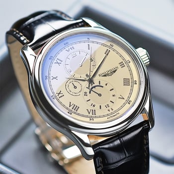 Binlihuan Мъжки кварцов часовник с кожена каишка, 41 мм кръгъл циферблат, водоустойчив за ежедневна употреба, корпус от сплав, SL68 механизъм