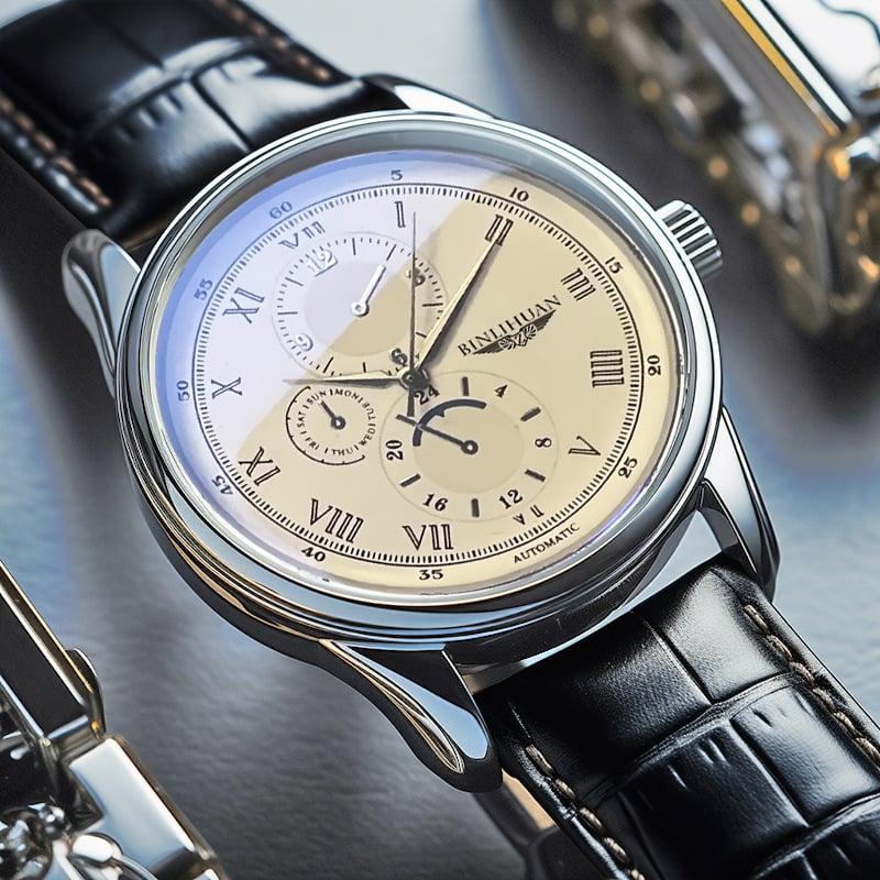 Binlihuan Мъжки кварцов часовник с кожена каишка, 41 мм кръгъл циферблат, водоустойчив за ежедневна употреба, корпус от сплав, SL68 механизъм