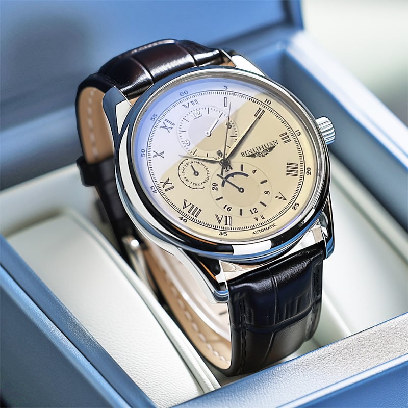 Binlihuan Мъжки кварцов часовник с кожена каишка, 41 мм кръгъл циферблат, водоустойчив за ежедневна употреба, корпус от сплав, SL68 механизъм