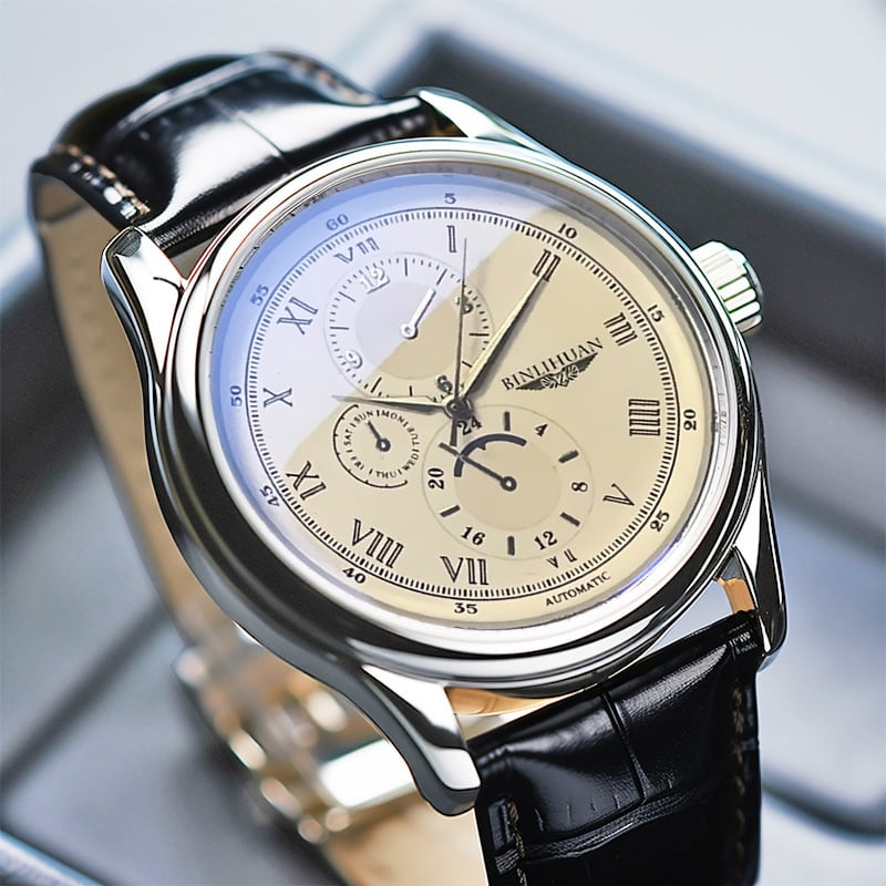 Binlihuan Мъжки кварцов часовник с кожена каишка, 41 мм кръгъл циферблат, водоустойчив за ежедневна употреба, корпус от сплав, SL68 механизъм