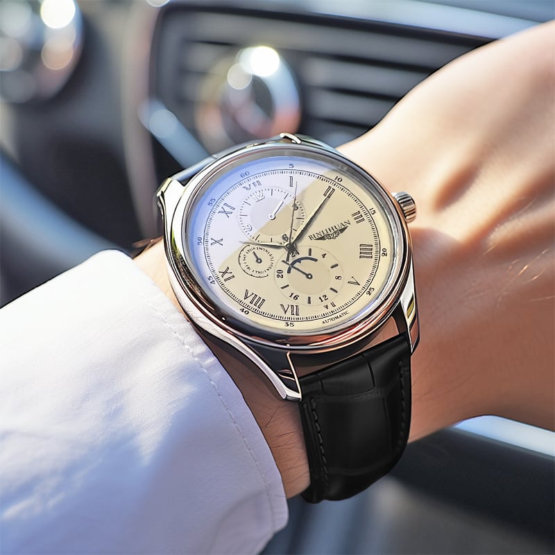 Binlihuan Мъжки кварцов часовник с кожена каишка, 41 мм кръгъл циферблат, водоустойчив за ежедневна употреба, корпус от сплав, SL68 механизъм