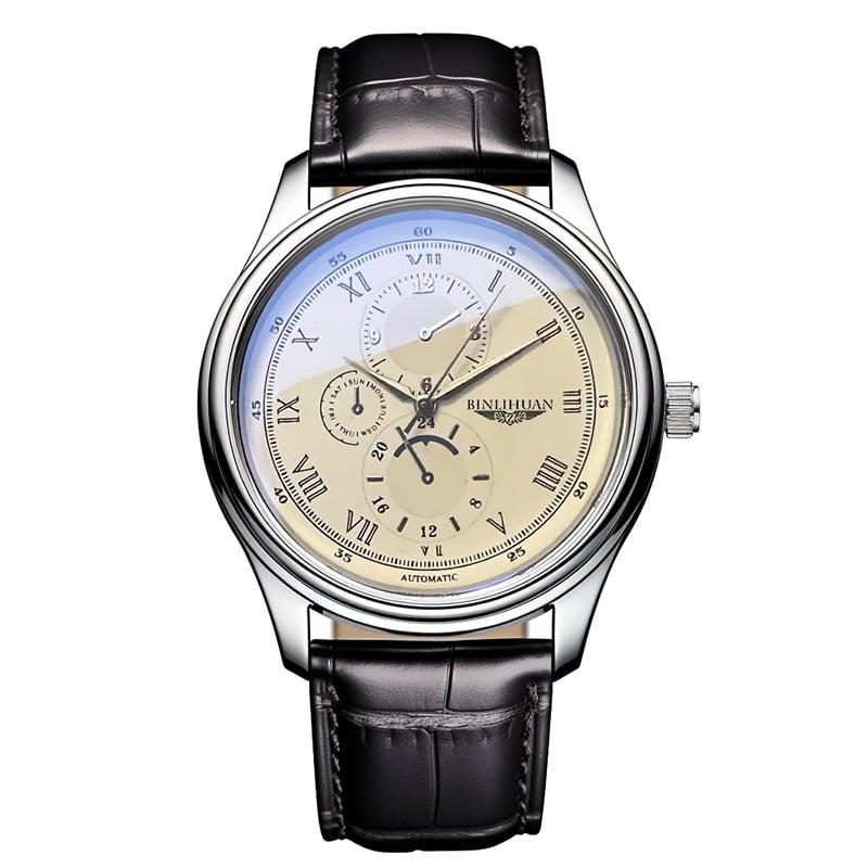 Binlihuan Мъжки кварцов часовник с кожена каишка, 41 мм кръгъл циферблат, водоустойчив за ежедневна употреба, корпус от сплав, SL68 механизъм