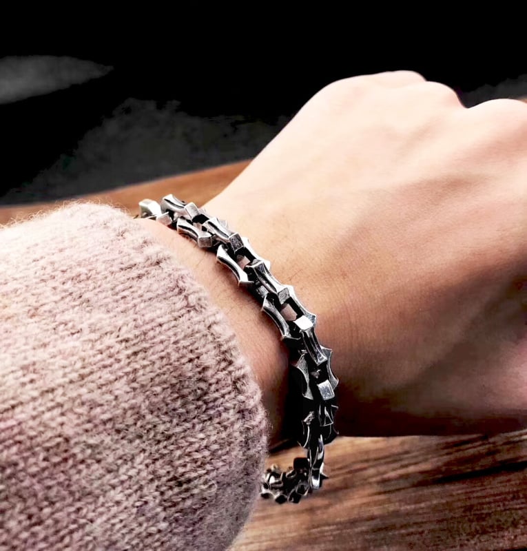 Muška narukvica s retro istrošenim zupčanicama i keel lancem, srebro 925, hip-hop stil.