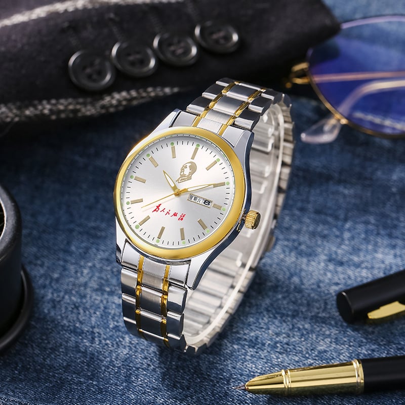 Мъжки кварцов часовник с двойна дата, 30m водоустойчив, стоманен браслет, бизнес стил, 42mm циферблат, юбилейно издание