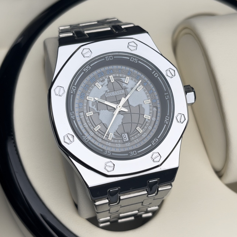 Guberson muški kvarcni sat, vodootporan do 30 m, lumino kalendar, romboidni brojčanik, promjer kućišta 42 mm, model A98, leptir kopča, kućište i remen od legure, mineralo pojačano staklo