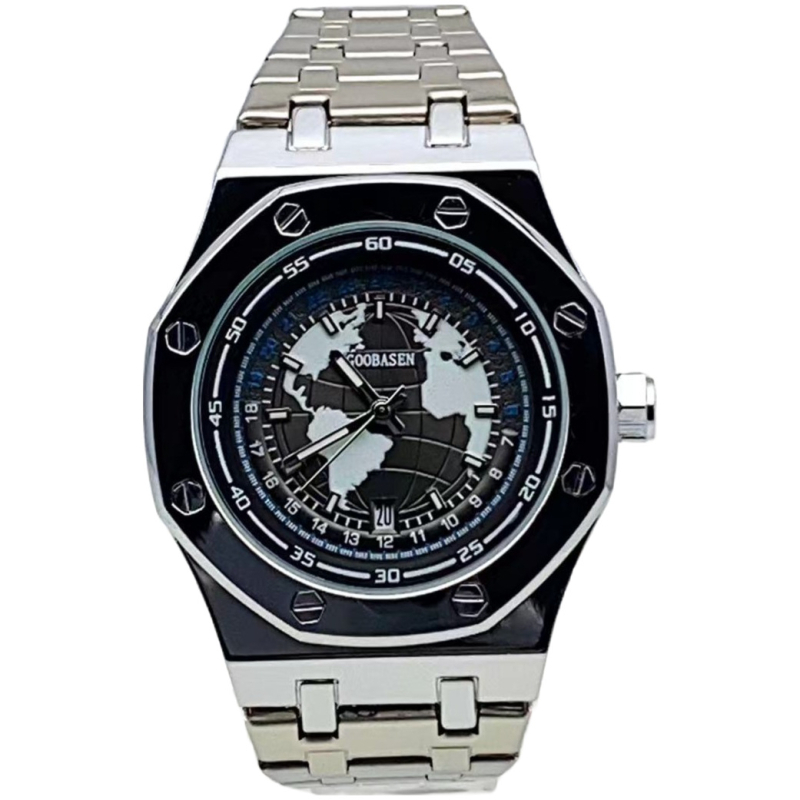 Guberson muški kvarcni sat, vodootporan do 30 m, lumino kalendar, romboidni brojčanik, promjer kućišta 42 mm, model A98, leptir kopča, kućište i remen od legure, mineralo pojačano staklo