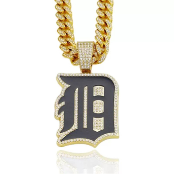 Muški privjesak za ogrlicu inspiriran bejzbol momčadi Detroit, potpuno dijamantno ukrašen, Cuban lanac, hip-hop stil, vrhunska kvaliteta
