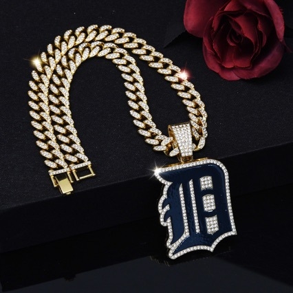 Muški privjesak za ogrlicu inspiriran bejzbol momčadi Detroit, potpuno dijamantno ukrašen, Cuban lanac, hip-hop stil, vrhunska kvaliteta