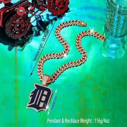 Muški privjesak za ogrlicu inspiriran bejzbol momčadi Detroit, potpuno dijamantno ukrašen, Cuban lanac, hip-hop stil, vrhunska kvaliteta