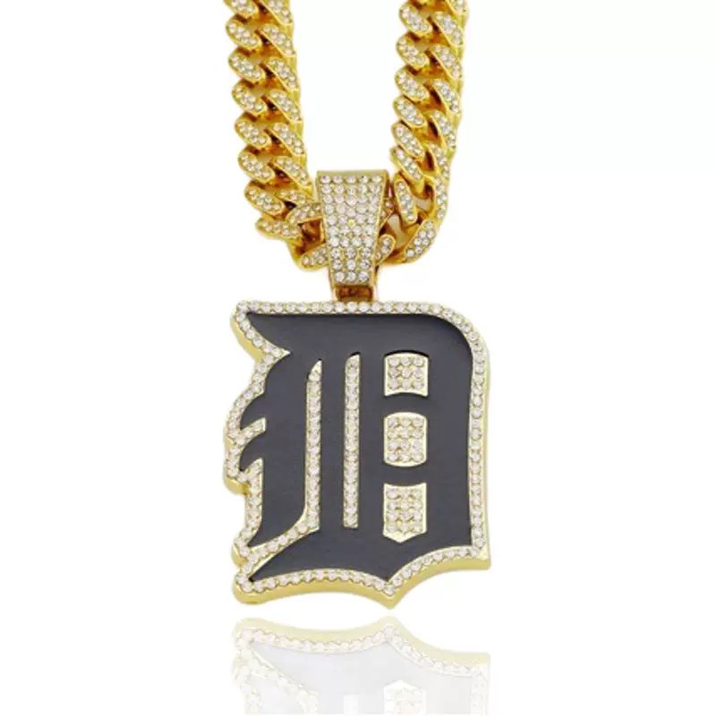 Muški privjesak za ogrlicu inspiriran bejzbol momčadi Detroit, potpuno dijamantno ukrašen, Cuban lanac, hip-hop stil, vrhunska kvaliteta