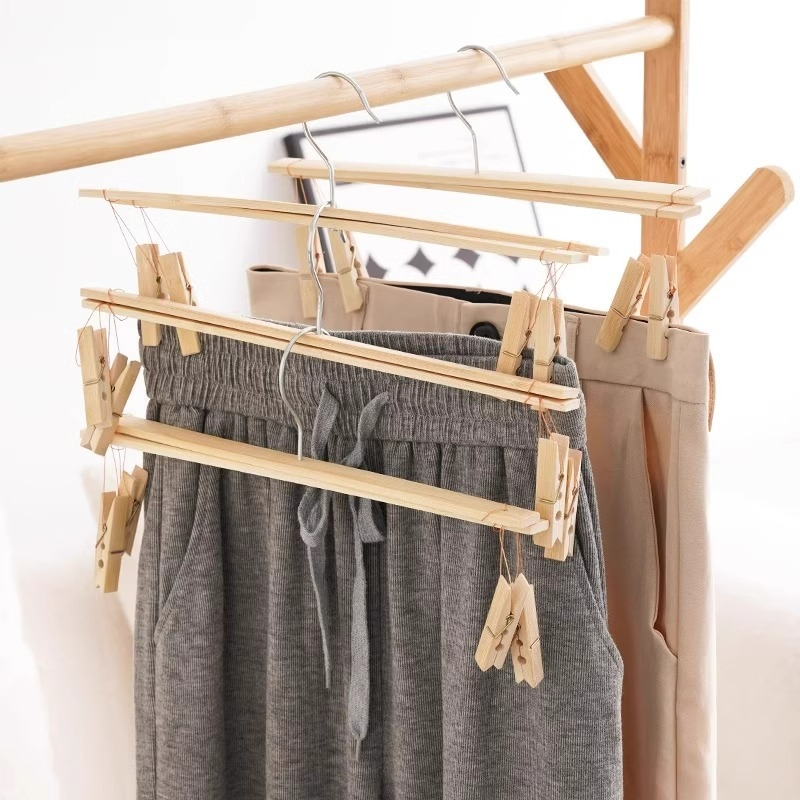 Παλιού τύπου κρεμάστρα παντελονιών από μπαμπού με τέσσερα κλιπ, σταυρωτή κρεμάστρα ρούχων και κλιπ στέγνωσης για οικιακή χρήση