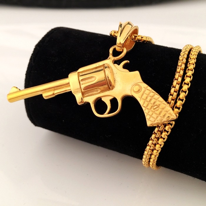 Muški ogrlica od nehrđajućeg čelika sa dugom whip lancem i privjeskom u obliku pištolje od titan čelika, hip-hop stil