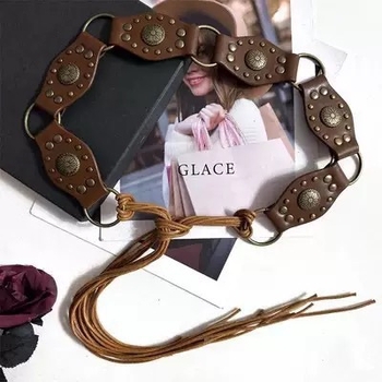 Ženski široki kaiš s resicama i pletenim strukom u retro boho etničkom stilu, smeđa, za suknje i hlače