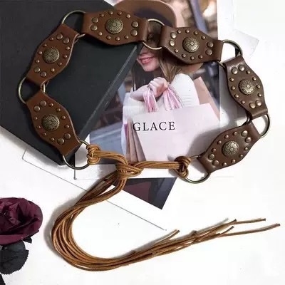 Ženski široki kaiš s resicama i pletenim strukom u retro boho etničkom stilu, smeđa, za suknje i hlače