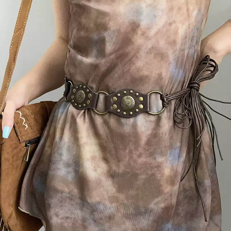 Ženski široki kaiš s resicama i pletenim strukom u retro boho etničkom stilu, smeđa, za suknje i hlače