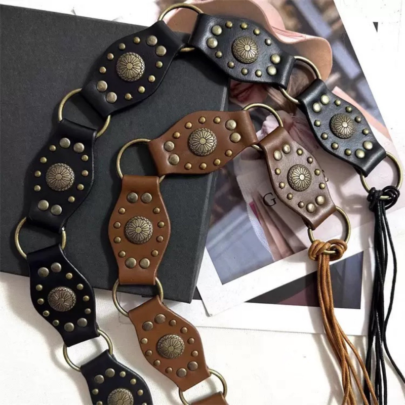 Ženski široki kaiš s resicama i pletenim strukom u retro boho etničkom stilu, smeđa, za suknje i hlače
