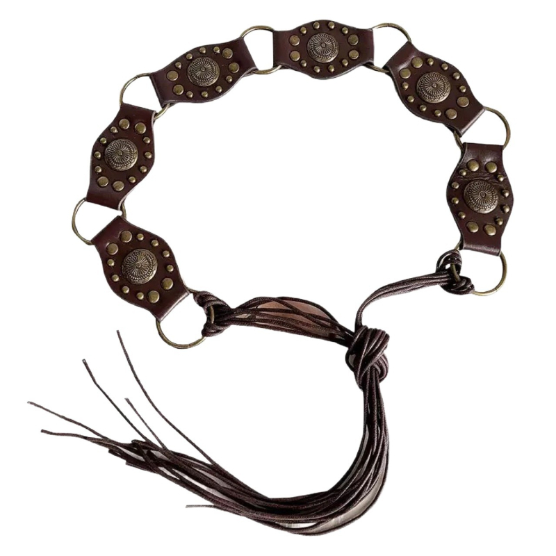 Ženski široki kaiš s resicama i pletenim strukom u retro boho etničkom stilu, smeđa, za suknje i hlače