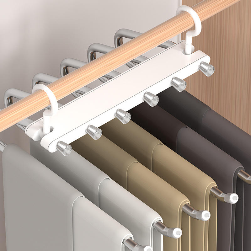 Συρόμενο ράφι για παντελόνια με τηλεσκοπική, πολυλειτουργική αποθηκευτική κατασκευή από πλαστικό και ανοξείδωτο χάλυβα