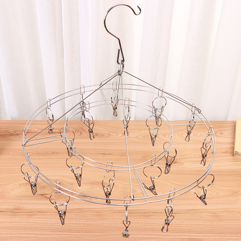 Ανοξείδωτη κρεμάστρα ρούχων με 20 κλιπ και κυκλικό δίσκο για κάλτσες, στιβαρός πολυκλιπ στεγνωτήρας με προστασία από τον άνεμο