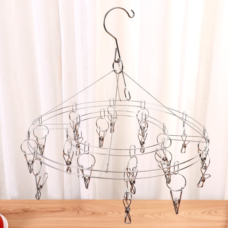 Ανοξείδωτη κρεμάστρα ρούχων με 20 κλιπ και κυκλικό δίσκο για κάλτσες, στιβαρός πολυκλιπ στεγνωτήρας με προστασία από τον άνεμο