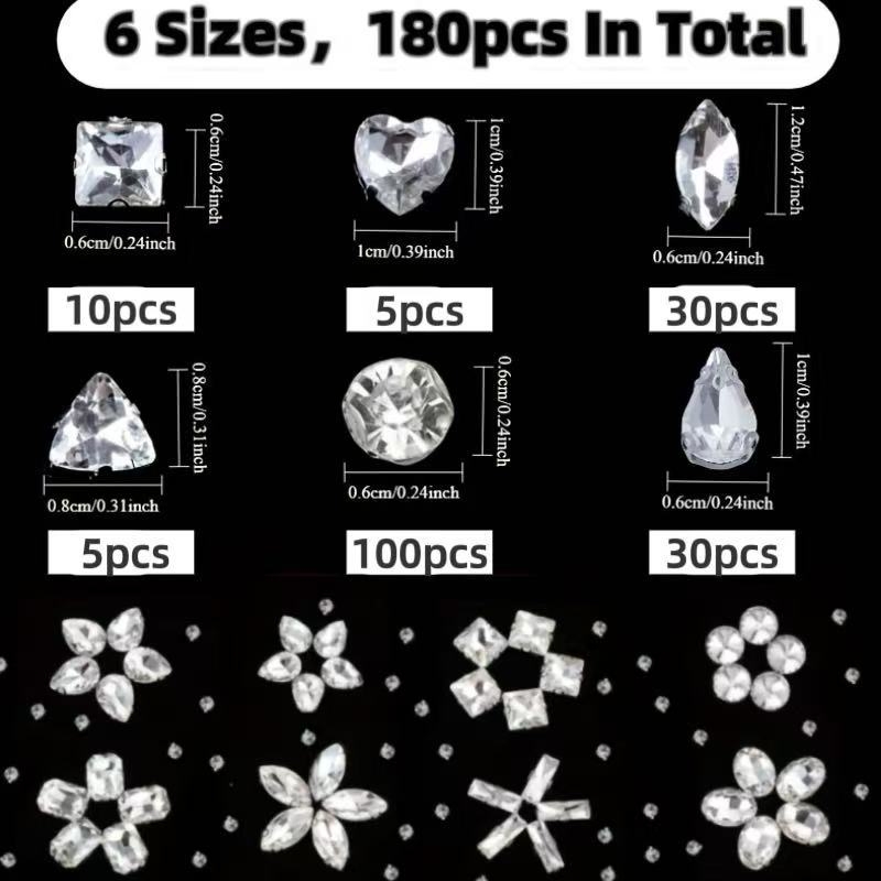 180 kusov zmiešaných rhinestones s pazúrikmi z skleneného krištáľu pre ručné šitie a svadobné doplnky