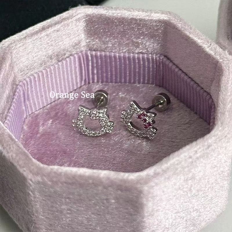 Slatki mačji ušni šrouv piercing, s cijelim dijamantima, ružičasta, titan čelik